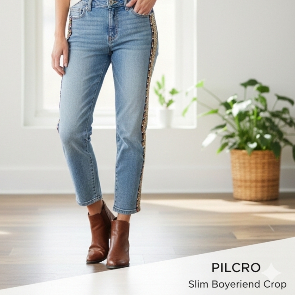 Pilcro Slim Boyfriend Crop Jeans Petite 25 Embroidered Side Stripe EUC